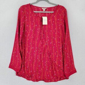 Lucky Brand Shirt Womens Medium Pink Lightweight Long Sleeve Faux Wrap Peasant